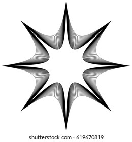 Black and white circular element. Concentric, radial lines with distortion. Abstract geometric illustration