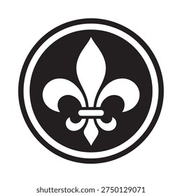 A black and white circular emblem features a stylized fleur de lis design