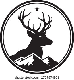 Black and white circular emblem featuring a majestic deer head profile above sharp mountain peaks, topped with a single star, perfect for outdoor brand identity.