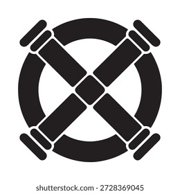 A black and white circular emblem featuring a cross shaped design within