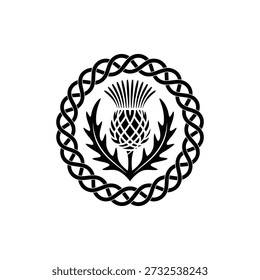 A black and white circular emblem featuring a scottish thistle design