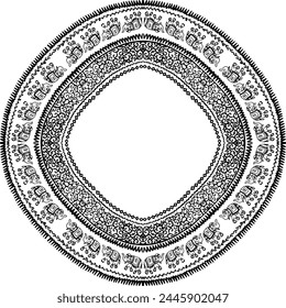 Black and white circular frame with elephants, intricate halo ornament with decorative edges, hand drawn circular design