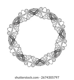 Marco circular blanco y negro con patrones fluidos y decorativos.