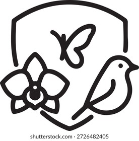 Ilustración de marco circular en blanco y negro con una mariposa y Elementos florales, elegante logotipo de Naturaleza y decoración