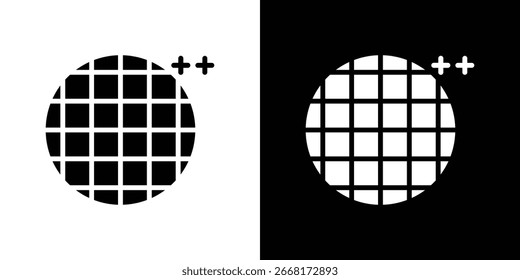 Ícone de padrão de grade circular preto-e-branco com sinais de adição. Isolado em fundos brancos e pretos.