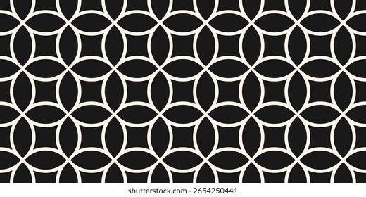 Black and white circular grid seamless pattern. Simple minimal vector ornament texture with circle mesh, net, lattice, curved lines. Abstract geometric background. Repetitive dark monochrome design