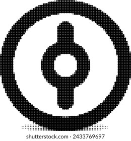 Black and white circular icon composed of dots, resembling a symbol.