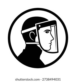 A black and white circular icon depicting a person in profile wearing a protective face shield, symbolizing safety and personal protection.
