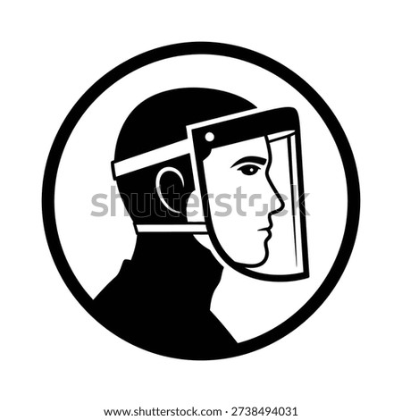 A black and white circular icon depicting a person in profile wearing a protective face shield, symbolizing safety and personal protection.