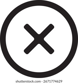 Icono circular en blanco y negro con un símbolo de cruz en negrita, que representa cerrar o cancelar.