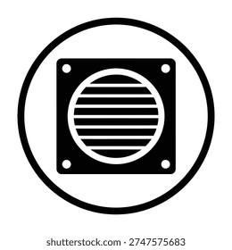 Black and white circular icon featuring a square speaker grille with bolts at each corner for audio equipment