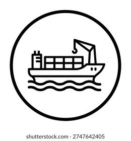 Black and white circular icon featuring a cargo ship carrying containers with a crane and waves beneath it