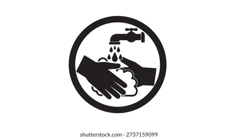 A black and white circular icon illustrating hands being washed under a running water faucet with soap, symbolizing hygiene and cleanliness.