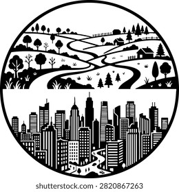 A black and white circular illustration contrasting a quiet rural countryside with a bustling urban skyline. This graphic is perfect for projects exploring environmental balance, urban planning, or sustainability themes.