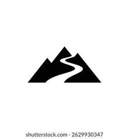 A black and white circular illustration featuring a mountain landscape with a flowing river running between peaks, topped by clouds, in a minimalist style design.