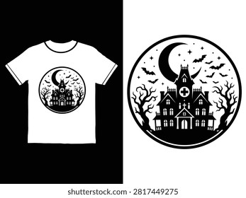 Black and white circular illustration of a haunted hospital with bats flying around moonlit scene