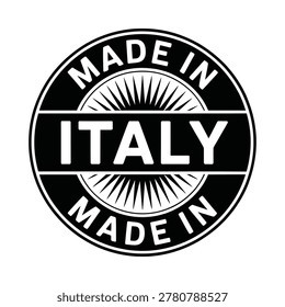 Black and white circular label reading 'Made in Italy' with a radial sunburst background.