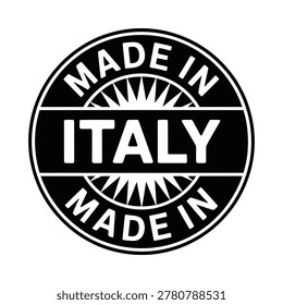 Black and white circular label reading 'Made in Italy', a graphic design for product identification.