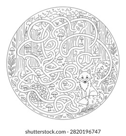 Black and white circular line art maze for children featuring a seated fox in a forest with trees, mushrooms, and berry bushes. Educational path puzzle for coloring and solving.