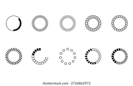 Black and white circular line designs and patterns on a white background, various shapes and styles