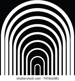 Black and white circular lines tunnel. Striped background. Stripes motif with curves for page fills, designing, textile print.