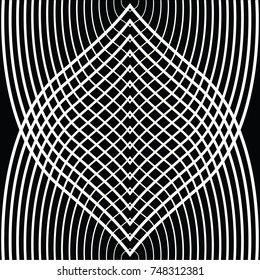 Black and white circular lines tunnel. Striped background. Stripes motif with curves for page fills, designing, textile print.
