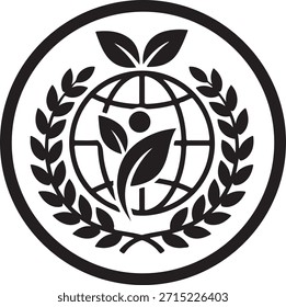 Un logotipo circular en blanco y negro representa un globo terráqueo rodeado de follaje, simbolizando la preocupación ambiental.