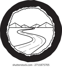 Un logo circular en blanco y negro con un camino estilizado y sinuoso que conduce hacia una gama de montañas triangulares simples en el horizonte. Toda la Imagen está rodeada por una textura gruesa e irregular