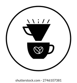 Black and white circular logo featuring a stylized coffee dripper pouring into a mug with decorative steam rising
