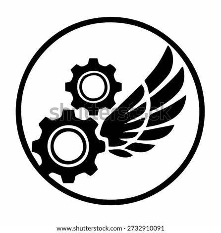 A black and white circular logo featuring two industrial gears and a pair of stylized wings, symbolizing mechanics, progress, and flight within a simple design.