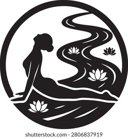 A black and white circular logo icon featuring a silhouette of a woman performing a yoga stretch pose surrounded by blooming lotus flowers.