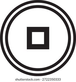 Logotipo circular preto e branco com um quadrado no centro, simbolizando a simplicidade e o design moderno.