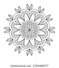 Black and white circular mandala design with floral petal elements pattern