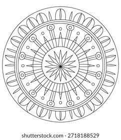 Mandala circular a preto e branco com padrões geométricos e vetor de simetria radial