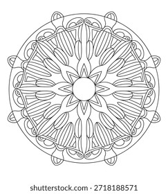 Black and white circular mandala with geometric petal shapes and decorative elements pattern