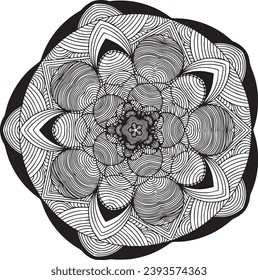 Black and white circular mandala pattern, with concentric circles and radiating lines, creating a hypnotic and meditative effect. Abstract design