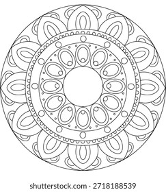 Padrão de mandala circular preto e branco com vetor de elementos florais e geométricos simétricos