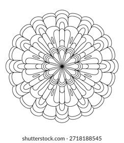 Schwarz-weißes, kreisförmiges Mandalamuster mit blütenblattartigen Formen und radialem Symmetrievektor