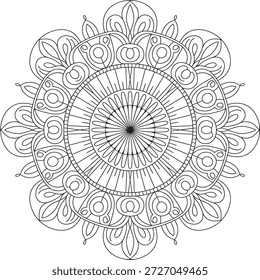 Padrão de mandala circular preto e branco para colorir com intrincado vetor de elementos florais