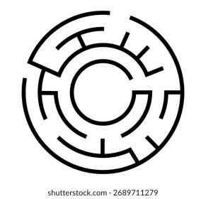 Padrão de labirinto circular preto e branco, ideal para quebra-cabeças, provocações cerebrais e design educacional.