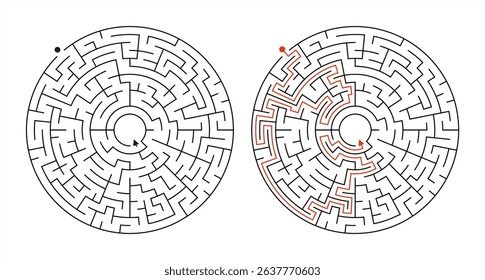 Black and White Circular Maze with Solution – Medium Difficulty Vector Template.  Perfect for educational printables, activity books, worksheets, and logic games for kids and adults. 