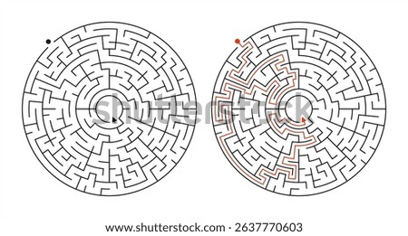 Black and White Circular Maze with Solution – Medium Difficulty Vector Template.  Perfect for educational printables, activity books, worksheets, and logic games for kids and adults. 