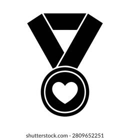 Black and white of a circular medal with a heart symbol, featuring a ribbon strap and a solid silhouette style.
