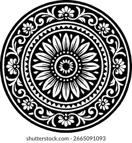 Black and white circular ornamental design featuring floral elements and geometric patterns