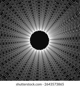 A black and white circular pattern features intricate lines and shapes forming a mesmerizing optical illusion with a central hole. The decorative design creates a tunnel-like effect