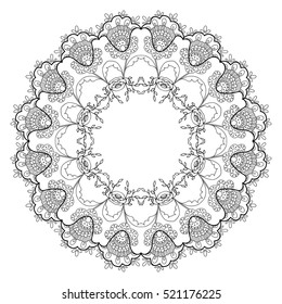 black and white circular pattern of the mandala, for coloring vector illustration, hand drawn