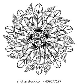 Black and white circular pattern. Round kaleidoscope of  feathers and floral elements. Coloring
