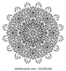 Black and white circular pattern. Round kaleidoscope of floral elements. Postcard. Abstraction