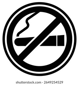 Sinal circular de proibição preto e branco representando um cigarro aceso com fumaça, riscado por uma linha diagonal.