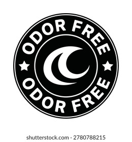 A black and white circular seal graphic with the text 'odor free' and a crescent